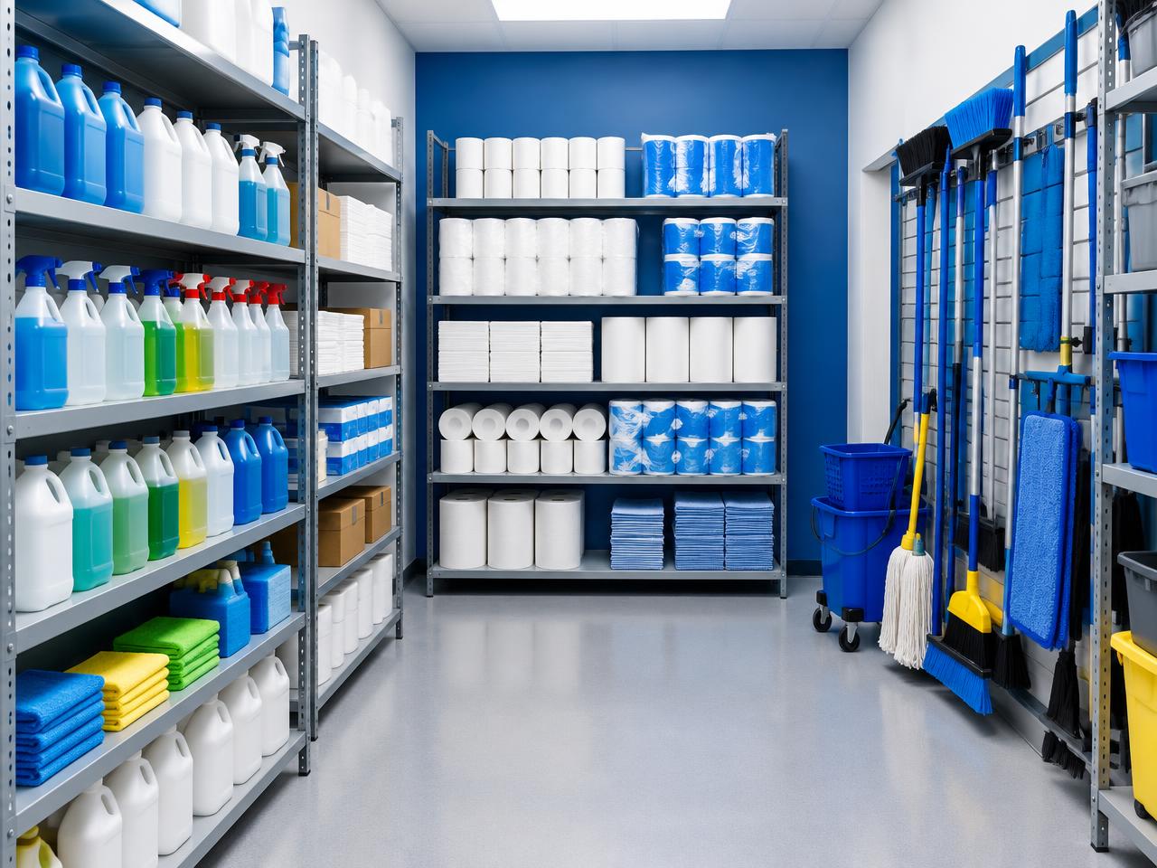 Organized supply room stocked with cleaning products and janitorial tools
